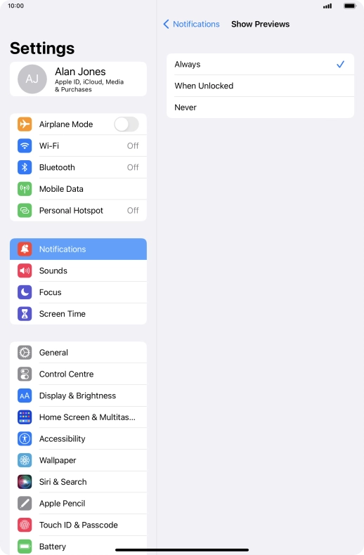 To select notification preview on the lock screen, press Always.