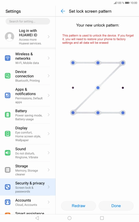 Slide your finger across the screen to connect at least four points twice and press Done.