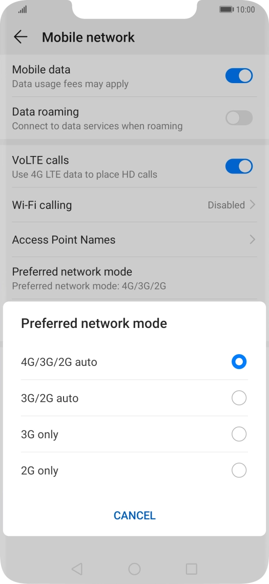 Press the required network mode.