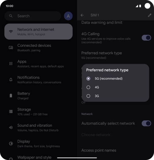 Press the required network mode.