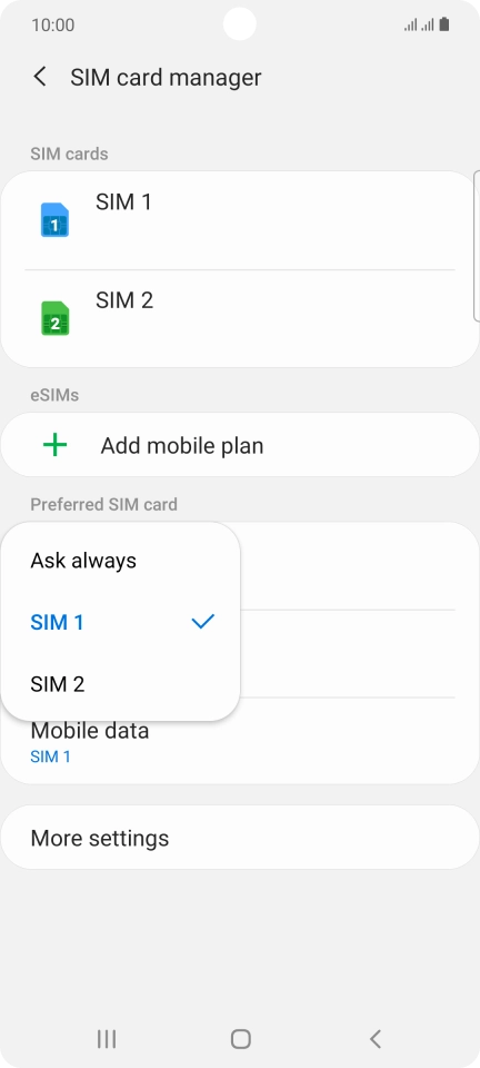 Press the required setting.