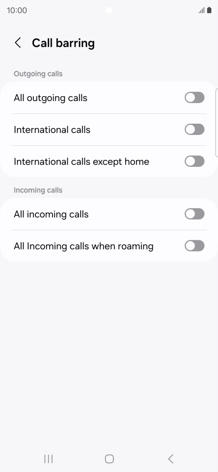 Press the indicator next to the required barring type to turn the function on or off.