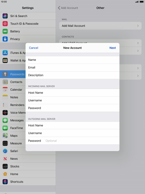 Press Password and key in the password for your email account.