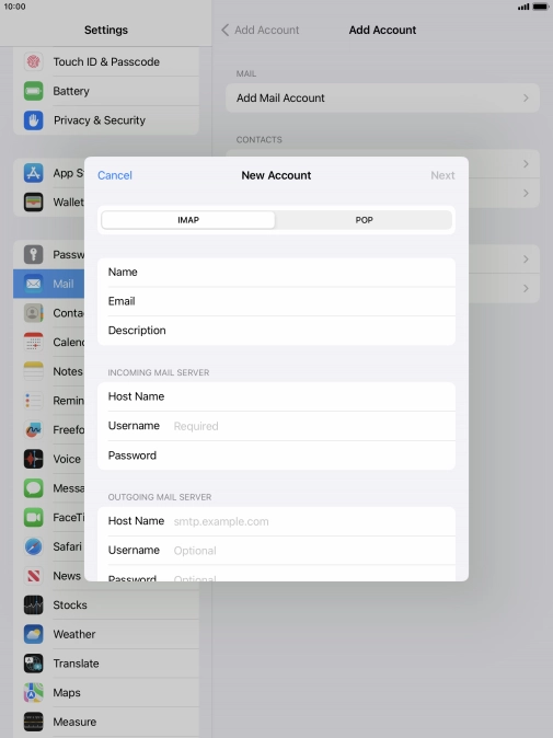Press Username and key in the username for your email account.