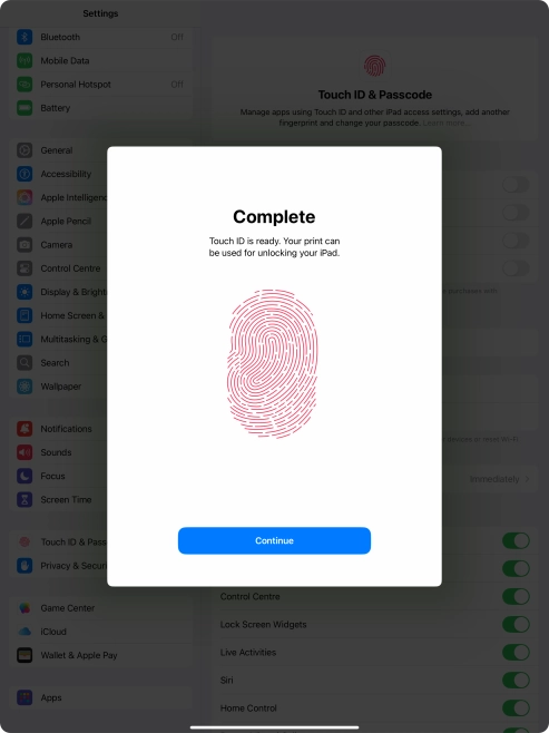 Press Continue. If you haven't previously selected a lock code, key in a code of your own choice twice.