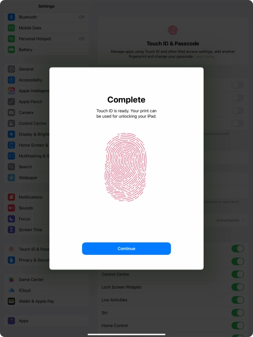 Press Continue. If you haven't previously selected a lock code, key in a code of your own choice twice.