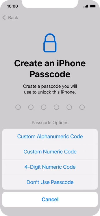 Follow the instructions on the screen to turn on use of phone lock code or press Don't Use Passcode.