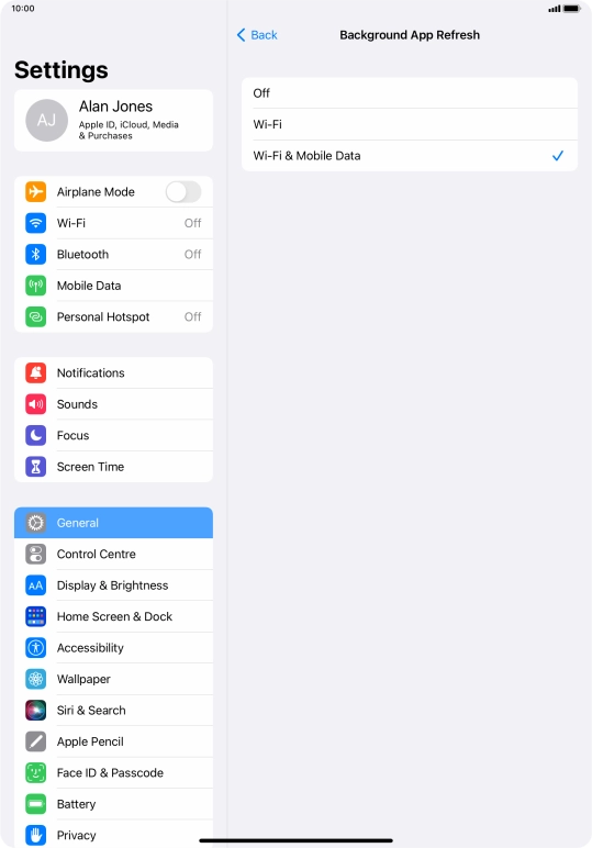 To turn off background refresh of apps, press Off.