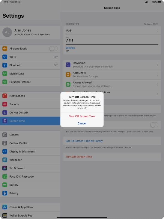 Press Turn Off Screen Time.