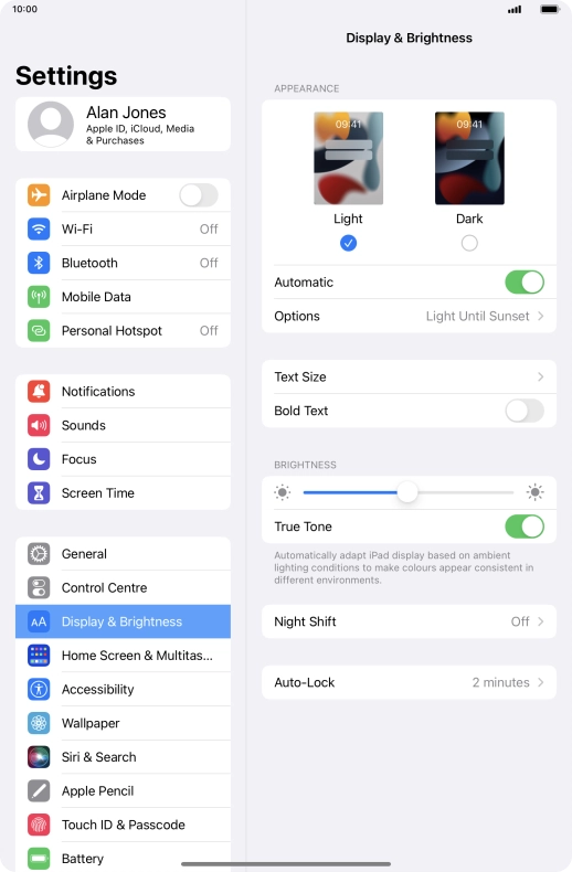If you turn on the function, press Options and follow the instructions on the screen to select the required period of time for Dark Mode.