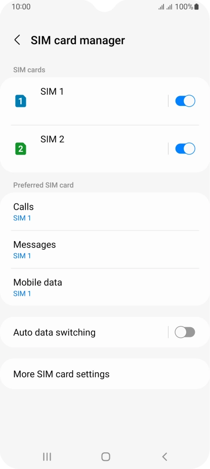 Press the indicator next to the required SIM to turn use of the SIM on or off.