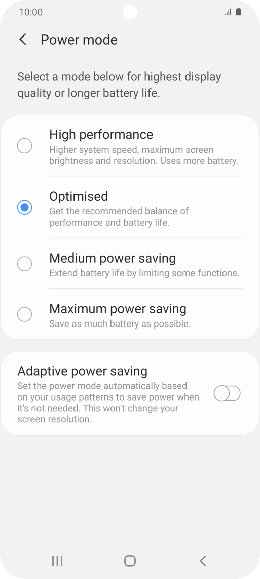 Press the required setting.