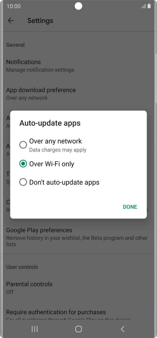 To turn on automatic update of apps using mobile network, press Over any network.