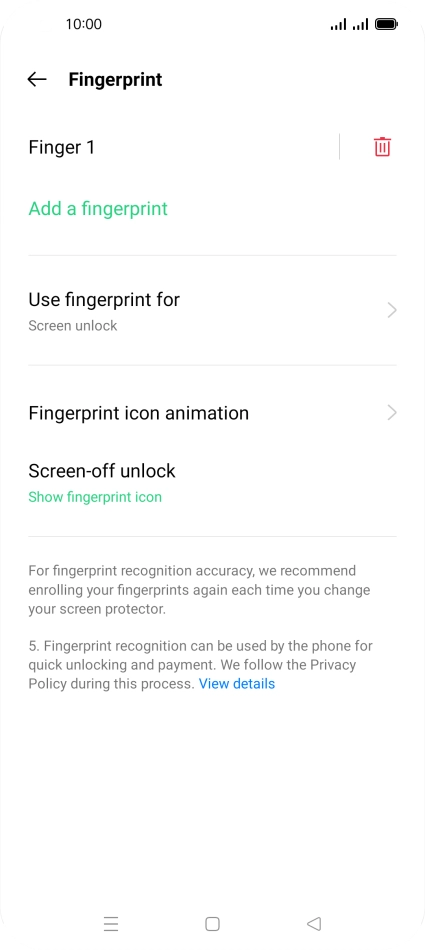 Press the delete icon next to the required fingerprint.
