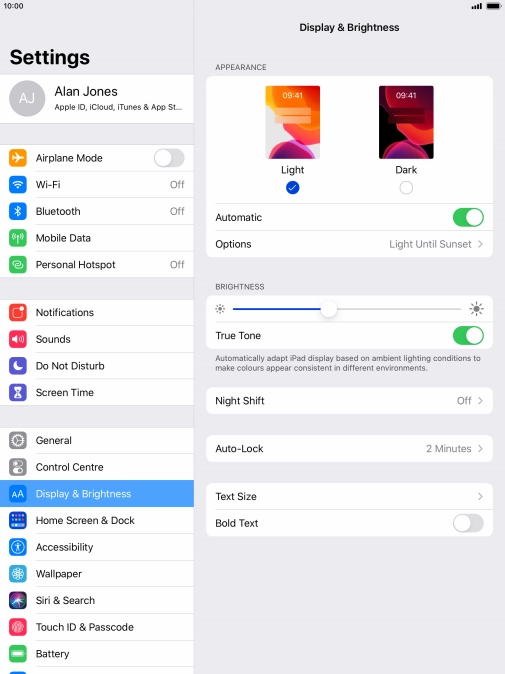 If you turn on the function, press Options and follow the instructions on the screen to select the required period of time for Dark Mode.