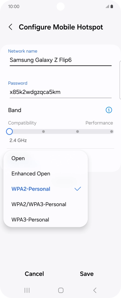 Press WPA3-Personal to password protect your Wi-Fi hotspot.