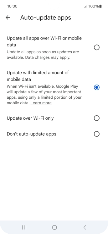 To turn on automatic update of apps using mobile network, press the field next to 