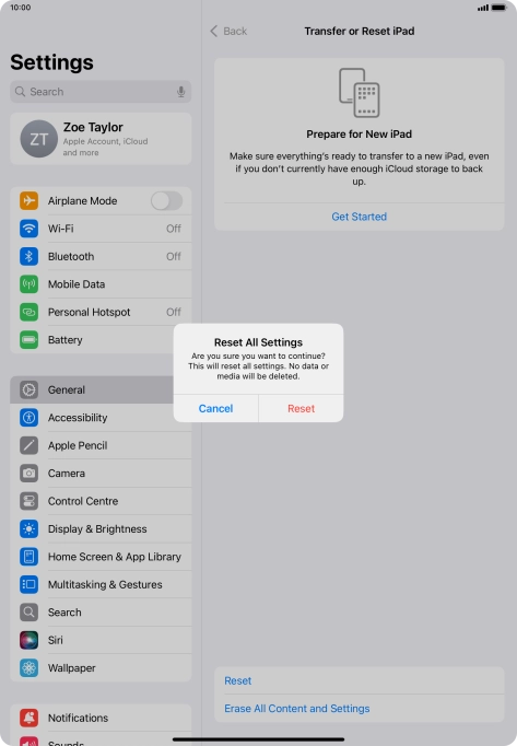 Press Reset. Wait a moment while the factory default settings are restored. Follow the instructions on the screen to set up your tablet and prepare it for use.