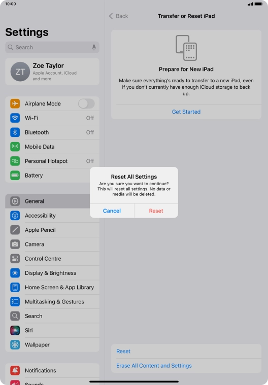 Press Reset. Wait a moment while the factory default settings are restored. Follow the instructions on the screen to set up your tablet and prepare it for use.