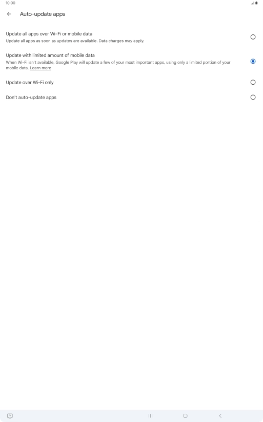 To turn on automatic update of apps using mobile network, press Update all apps over Wi-Fi or mobile data.