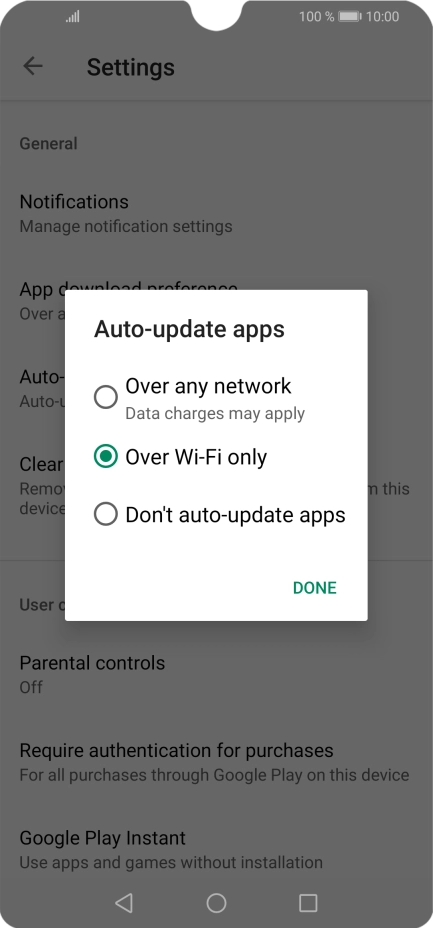 To turn on automatic update of apps using mobile network, press Over any network.