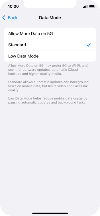 Press the required setting.