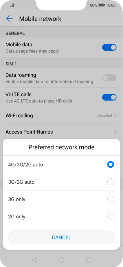 Press the required network mode.