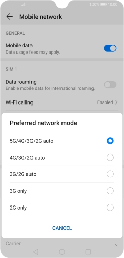 Press the required network mode.
