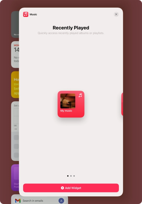 Slide your finger right or left on the screen to select the required widget size.