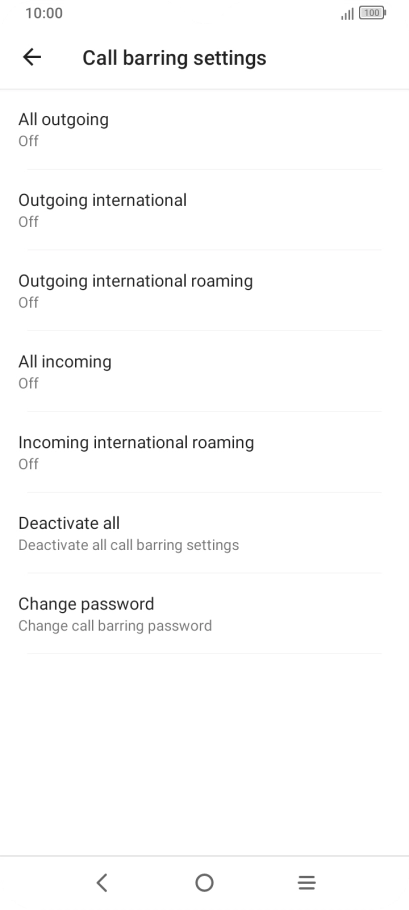 Press the required barring type to turn the function on or off.