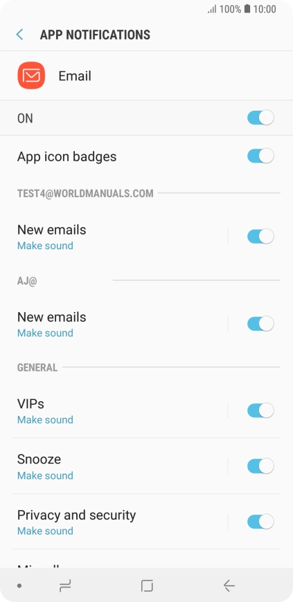 Press the indicator next to the required email account to turn the function on or off.