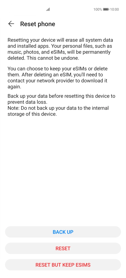 Press RESET. Wait a moment while the factory default settings are restored. Follow the instructions on the screen to set up your phone and prepare it for use.