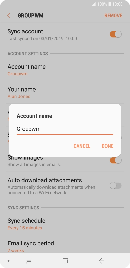 Key in the required name for the email account and press DONE.