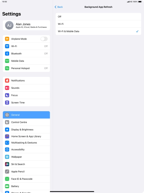 To turn off background refresh of apps, press Off.