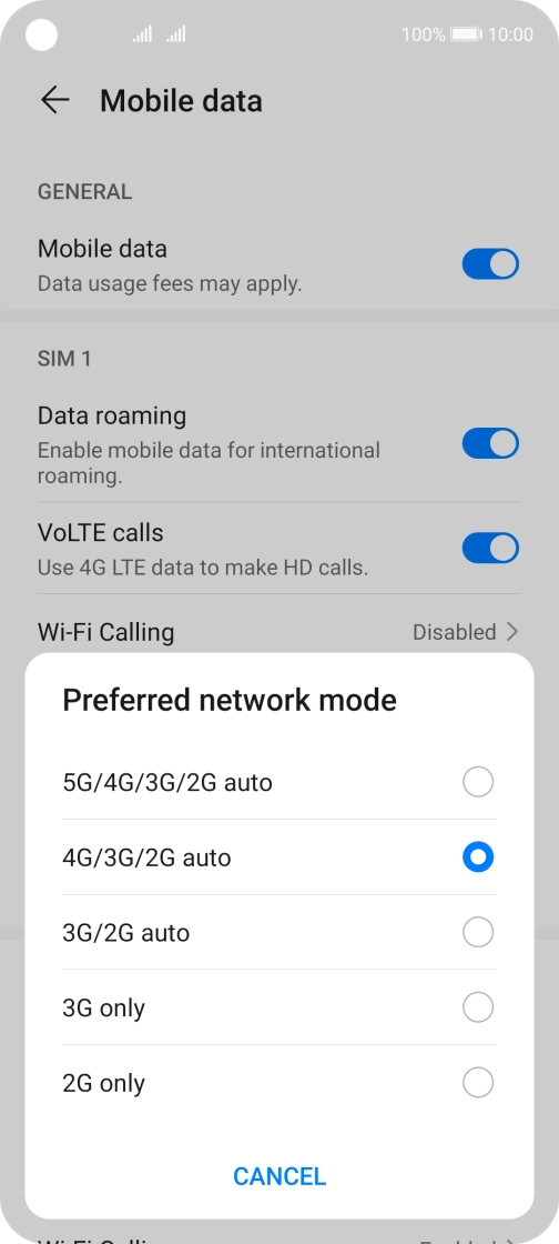 Press the required network mode.
