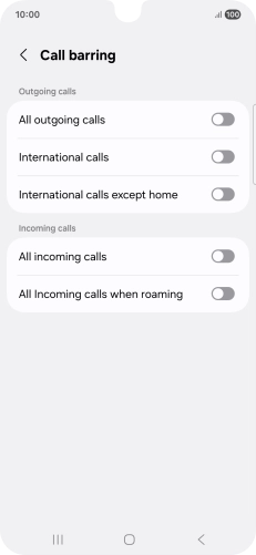 Press the indicator next to the required barring type to turn the function on or off.