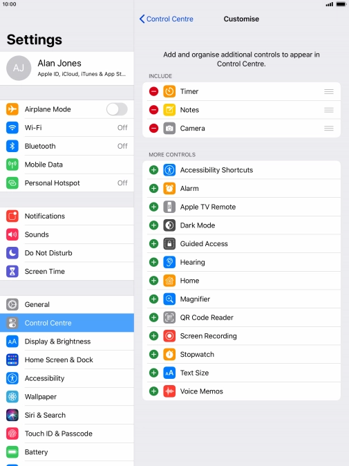Press the delete icon next to the required function to remove it from Control Centre.