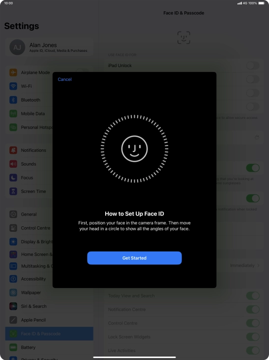 Press Get Started and follow the instructions on the screen to set up Face ID.