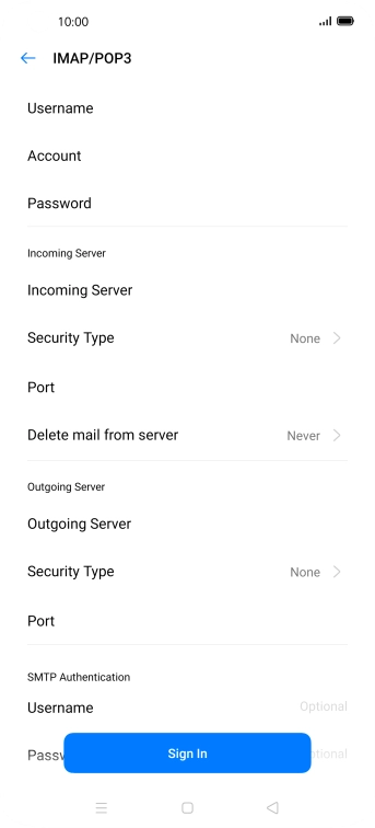 Press Username and key in the username for your email account.