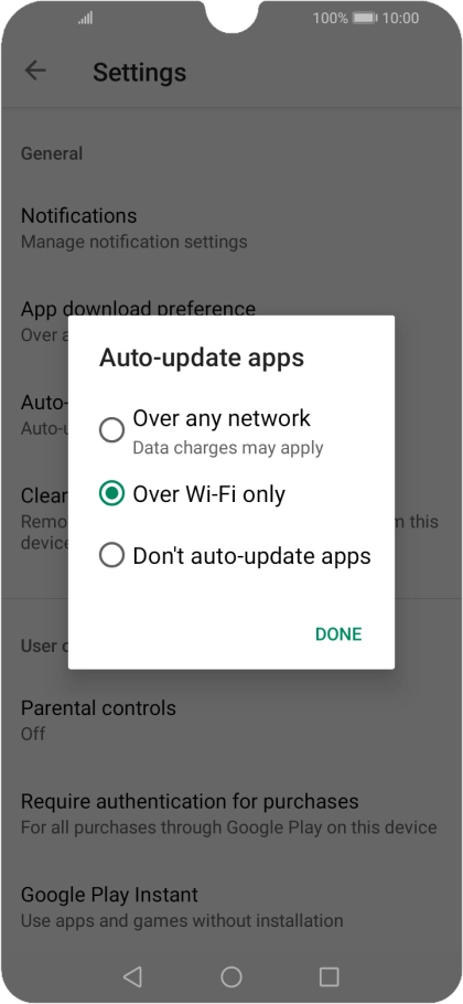 To turn on automatic update of apps using mobile network, press Over any network.