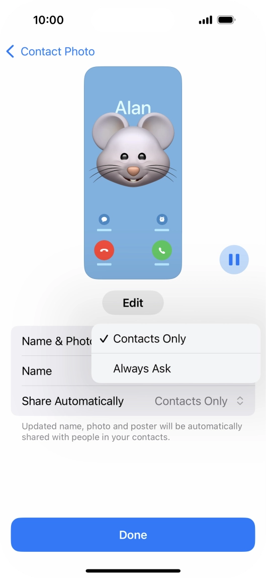 Press the required setting.