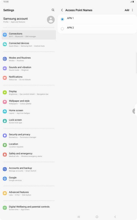 Press the field next to the data connection to activate it.