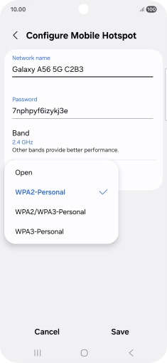 Press WPA3-Personal to password protect your Wi-Fi hotspot.