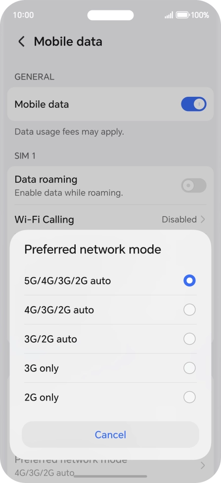 Press the required network mode.