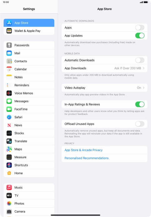 Press the indicators next to the required content types to turn the function on or off.
