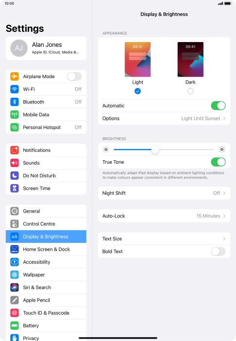 If you turn on the function, press Options and follow the instructions on the screen to select the required period of time for Dark Mode.