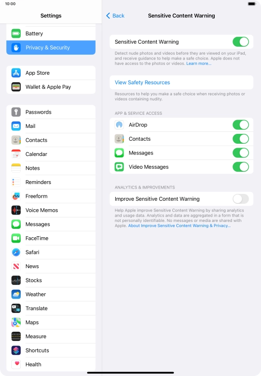 Press the indicators next to the required applications to turn the function on or off.