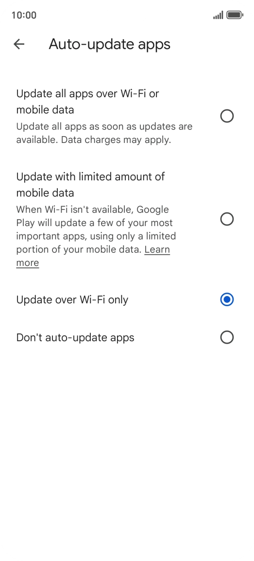 To turn on automatic update of apps using mobile network, press Update all apps over Wi-Fi or mobile data.