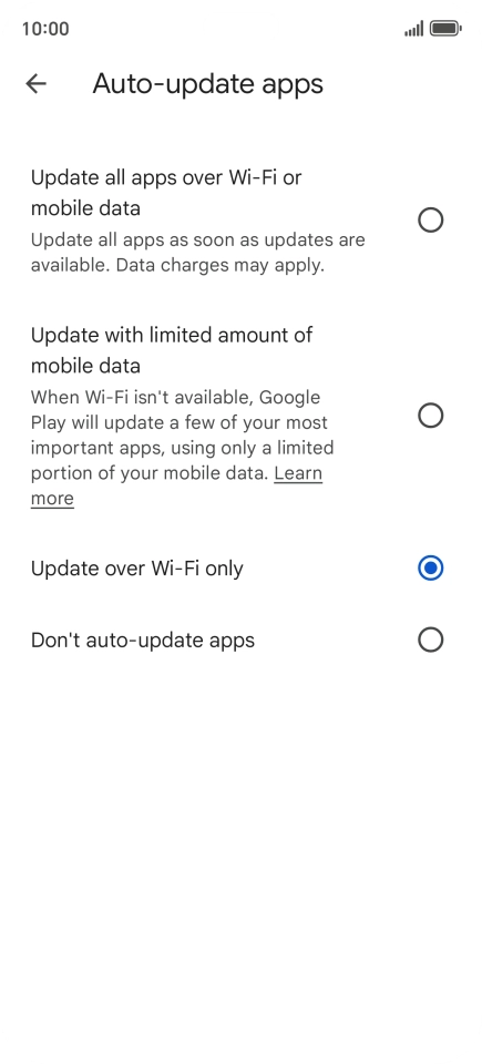 To turn on automatic update of apps using mobile network, press Update all apps over Wi-Fi or mobile data.