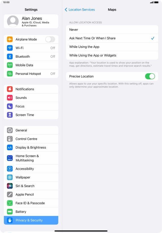 Press the required setting to turn the function on or off.